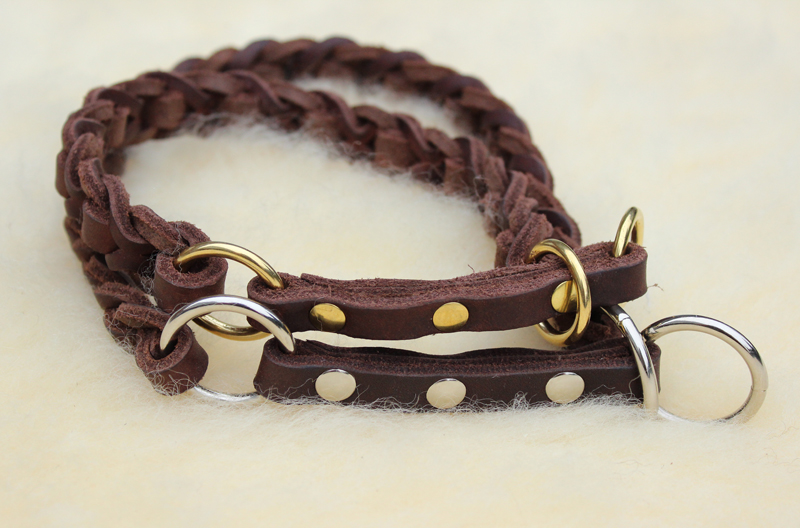 Bellepet Fettleder-Halsband "Braidy deluxe" geflochten mit Zugstop - Messing