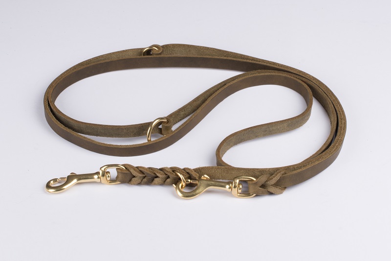 Bellepet Fettleder Verlängerungsleine / Polizeileine 2,40m 3-fach verst. - Messing