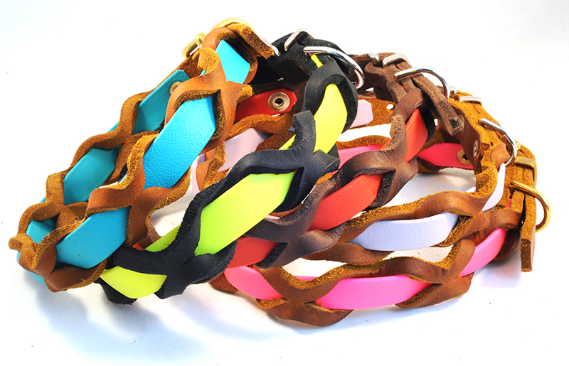 Bellepet Halsband "Braidy Farbrausch" Messing mit cognacfarbenem Leder