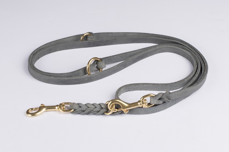 Bellepet Fettleder Verlängerungsleine / Polizeileine 2,40m 3-fach verst. - Messing