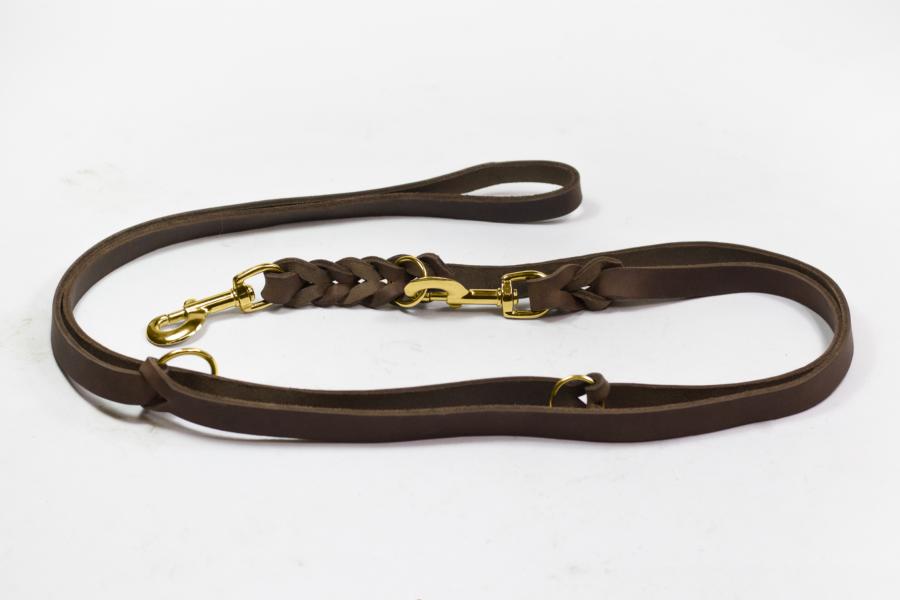 Bellepet Fettlederleine extra breit - 2,40m 3-fach verstellbar - Messing