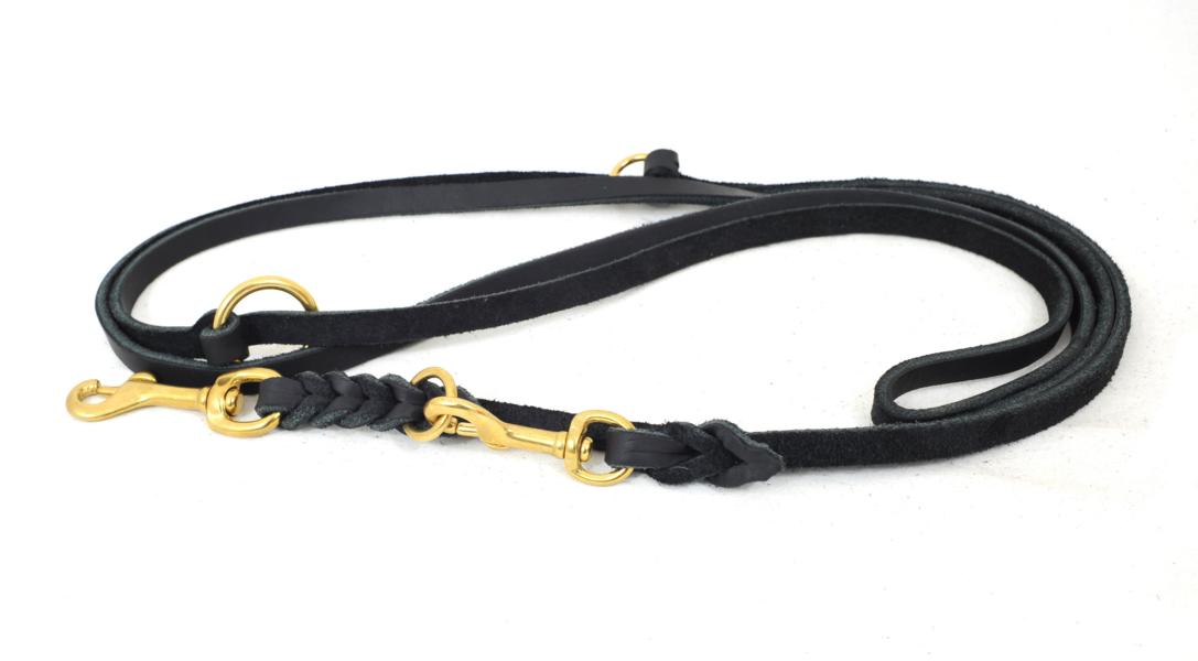 Bellepet Fettleder Verlängerungsleine / Polizeileine 2,40m 3-fach verst. - Messing