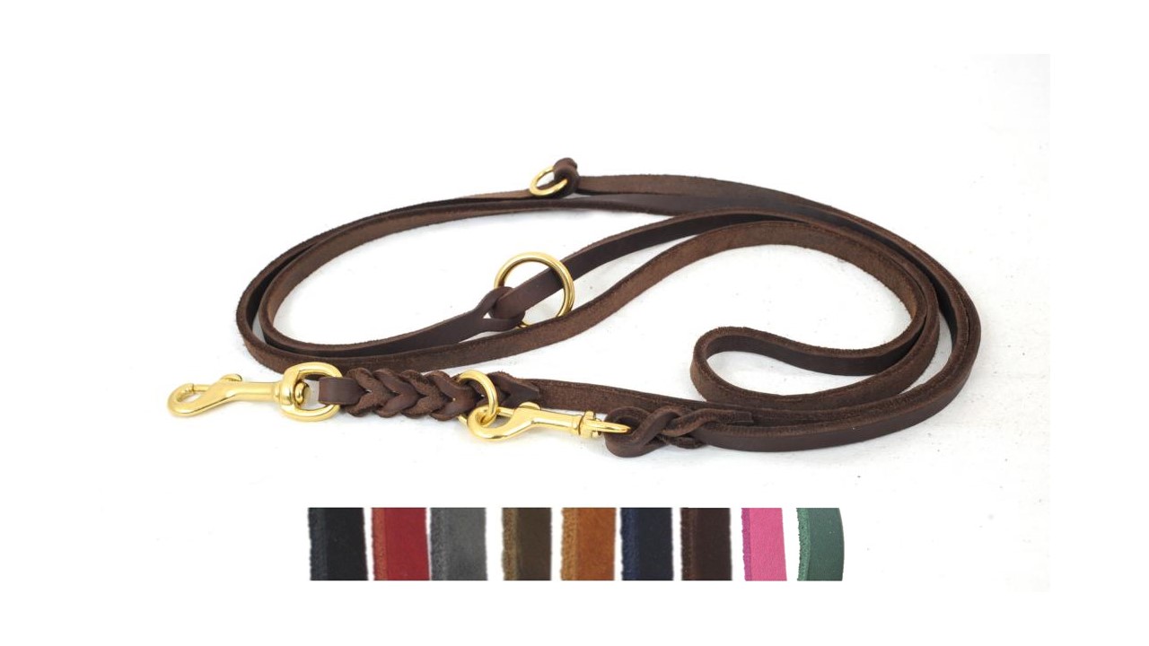 Bellepet Fettleder Verlängerungsleine / Polizeileine 2,40m 3-fach verst. - Messing