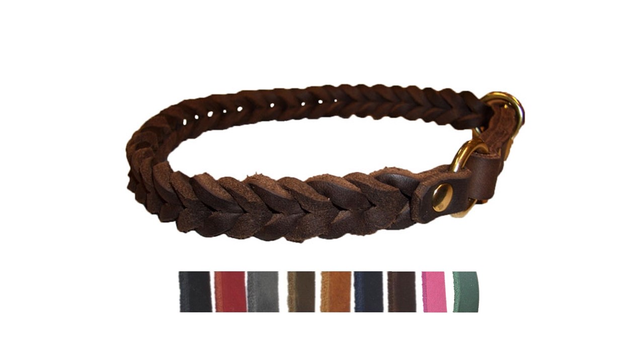 Bellepet Fettleder-Halsband "Braidy" geflochten mit Zugstop - Messing